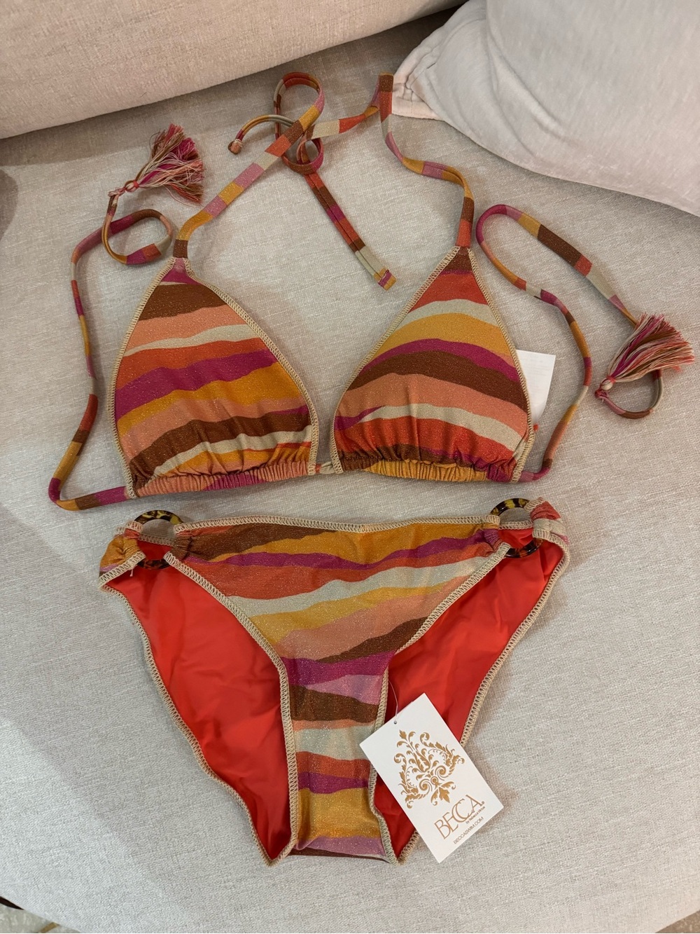BECCA Multicolor Striped Triangle Bikini - Red, Pink, Orange, Yellow, Brown